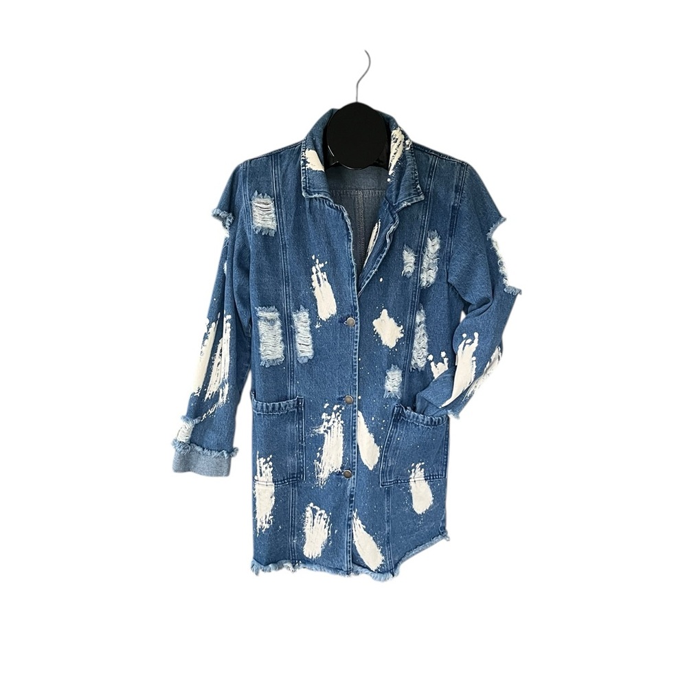 Fashion Nova distressed blue denim duster jacket with white paint splatters - Picture 10 of 13